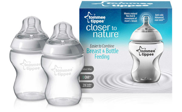 2 Closer to Nature baby bottles next to packaging